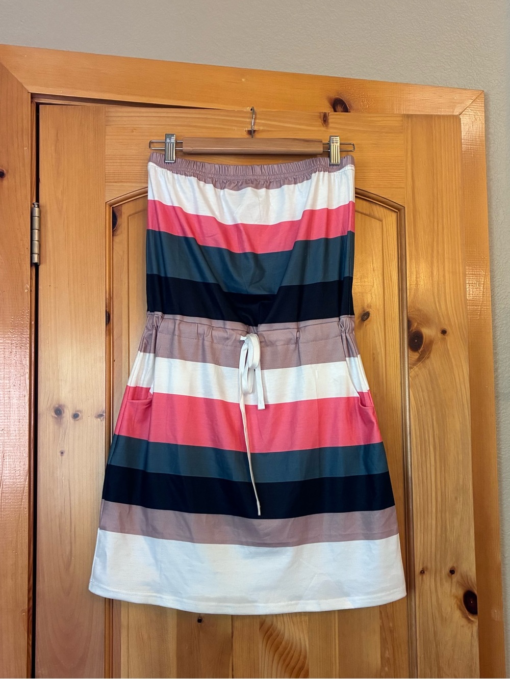 Striped Drawstring Mini Dress in Coral, Beige, Navy & White